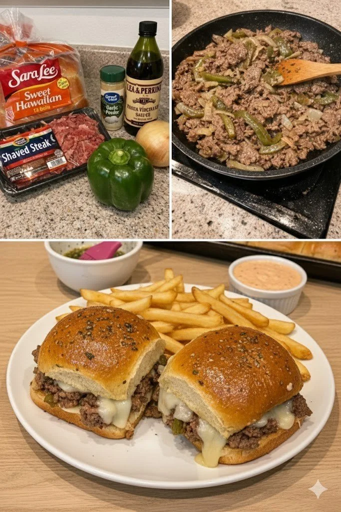 Philly cheesesteak sliders topped with melted cheese and grilled onions.