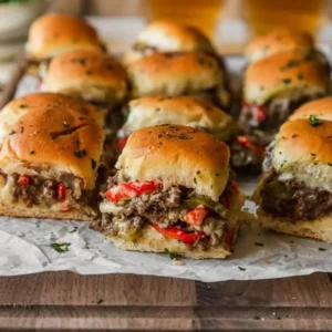 Philly Cheesesteak Sliders served on a platter with toppings