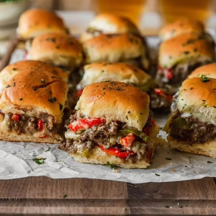 Philly Cheesesteak Sliders served on a platter with toppings