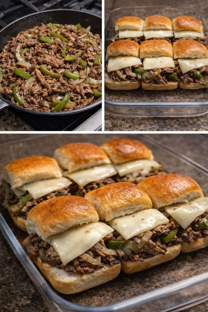 Philly Cheesesteak Sliders with melted cheese and tender beef on a bun