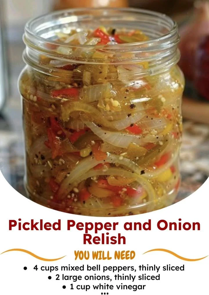 Jar of homemade pickled pepper and onion relish with fresh ingredients.