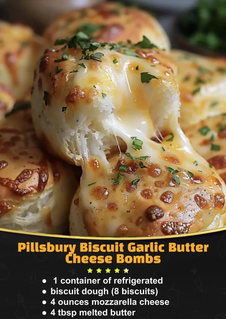 Pillsbury Biscuit Garlic Butter Cheese Bombs with melted cheese and buttery topping