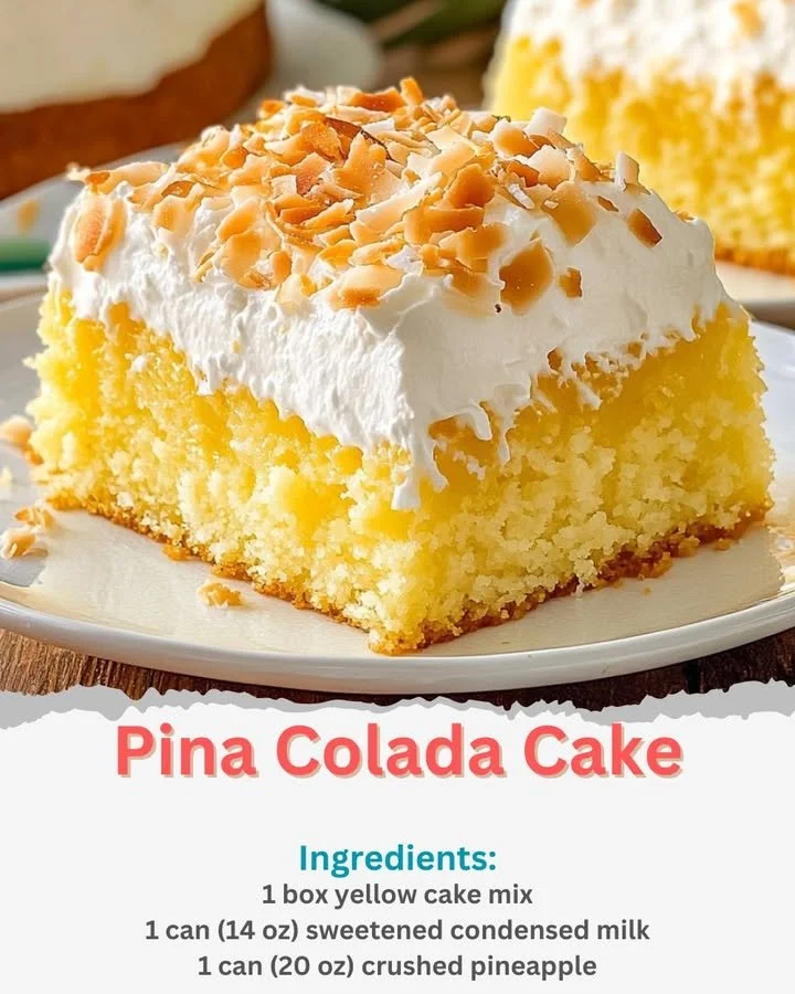 Delicious slice of Pina Colada Cake topped with coconut and pineapple