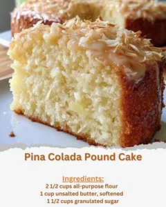 Delicious Pina Colada Pound Cake topped with coconut and pineapple.