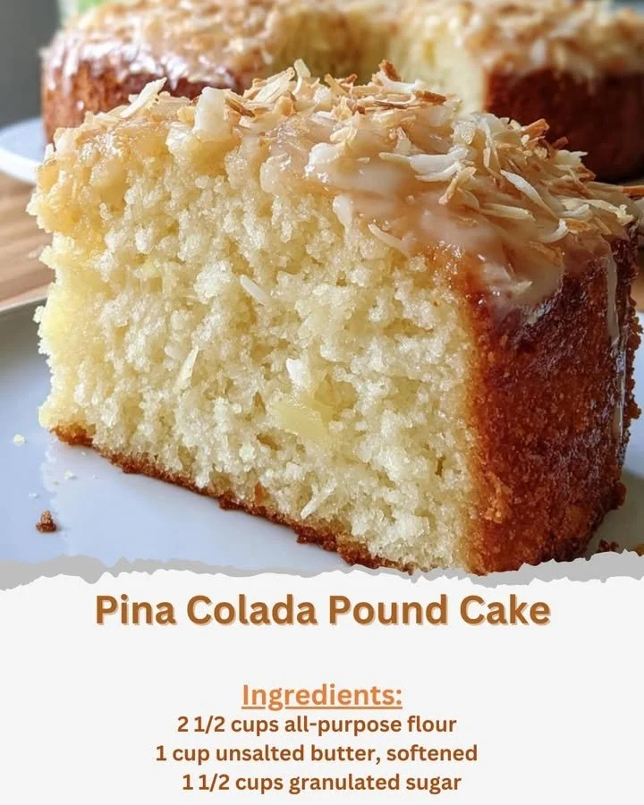 Delicious Pina Colada Pound Cake topped with coconut and pineapple.