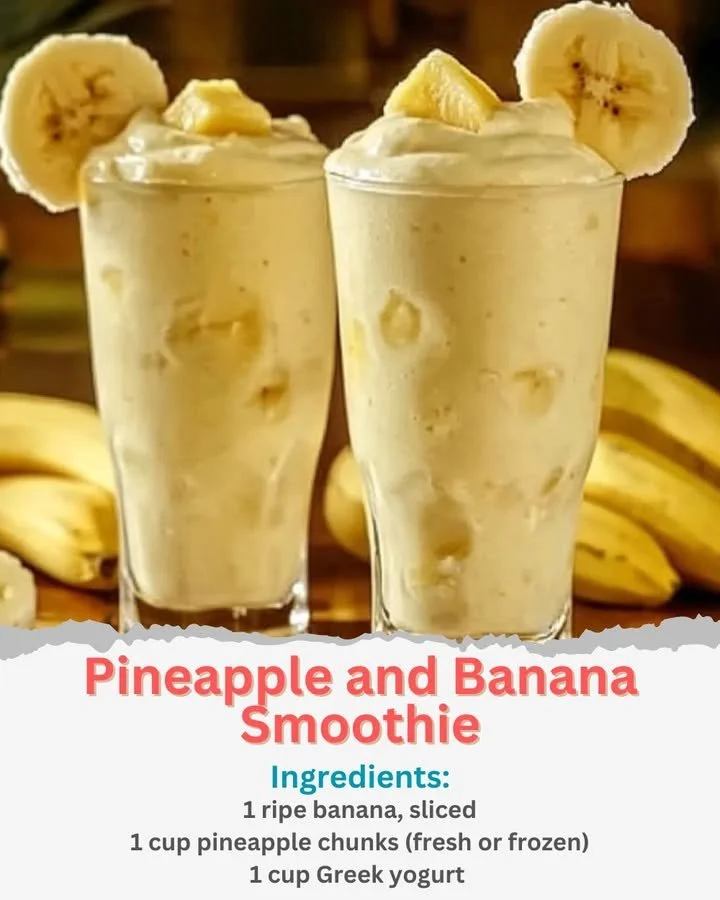Pineapple banana smoothie in a glass with fresh fruit garnish
