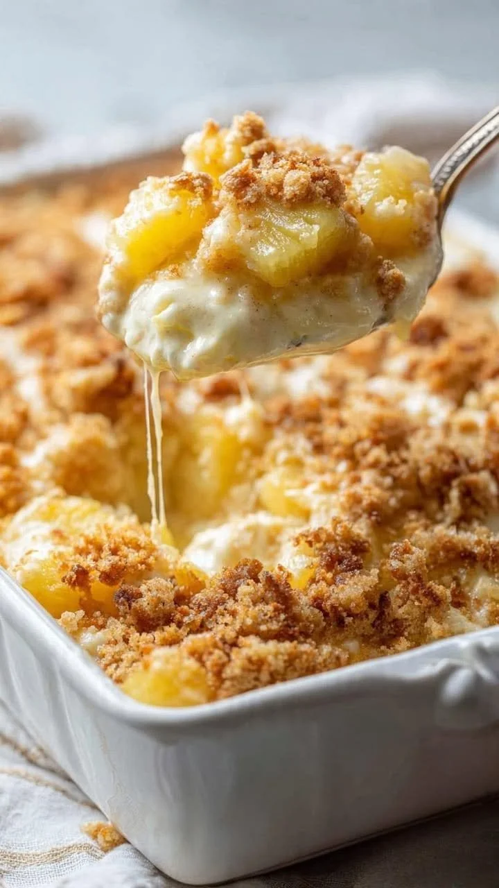 Delicious homemade Pineapple Casserole served in a baking dish
