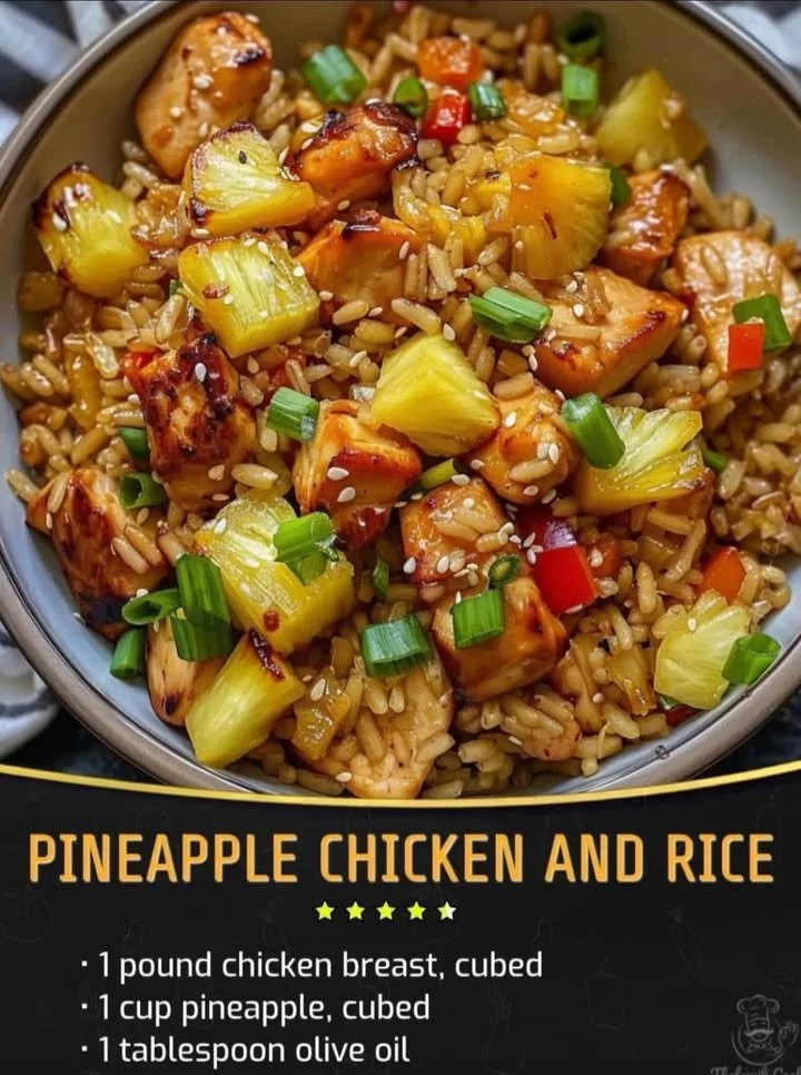 Delicious plate of pineapple chicken served with rice, garnished with fresh herbs.