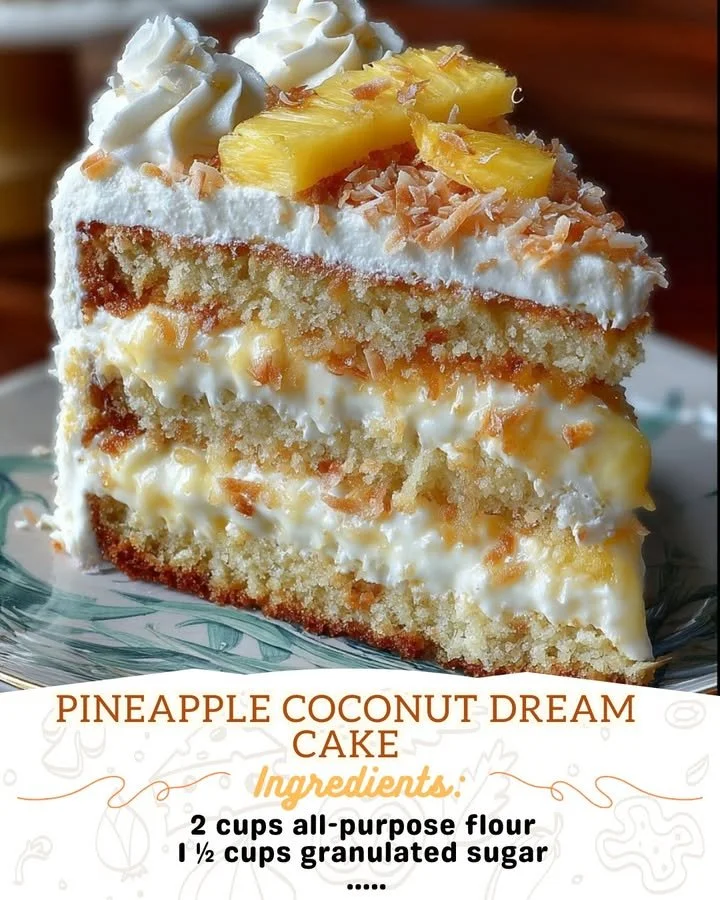 A delicious Pineapple Coconut Dream Cake with tropical flavors and decorations.