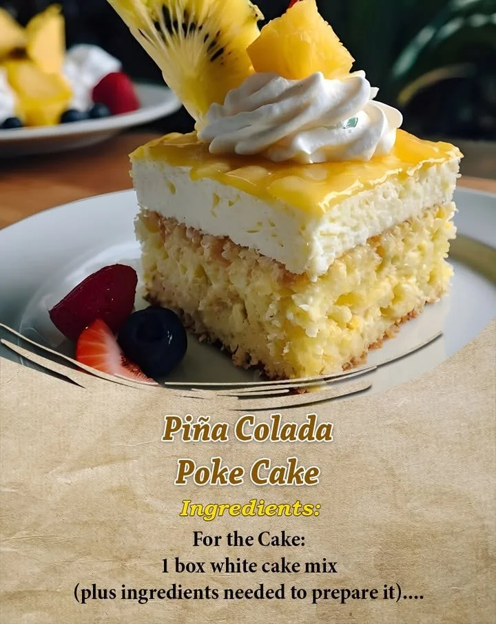 Delicious Pineapple Coconut Poke Cake topped with coconut flakes and pineapple slices