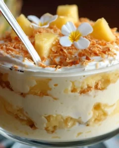Delicious Pineapple Coconut Trifle dessert loaded with layers of pineapple and coconut.