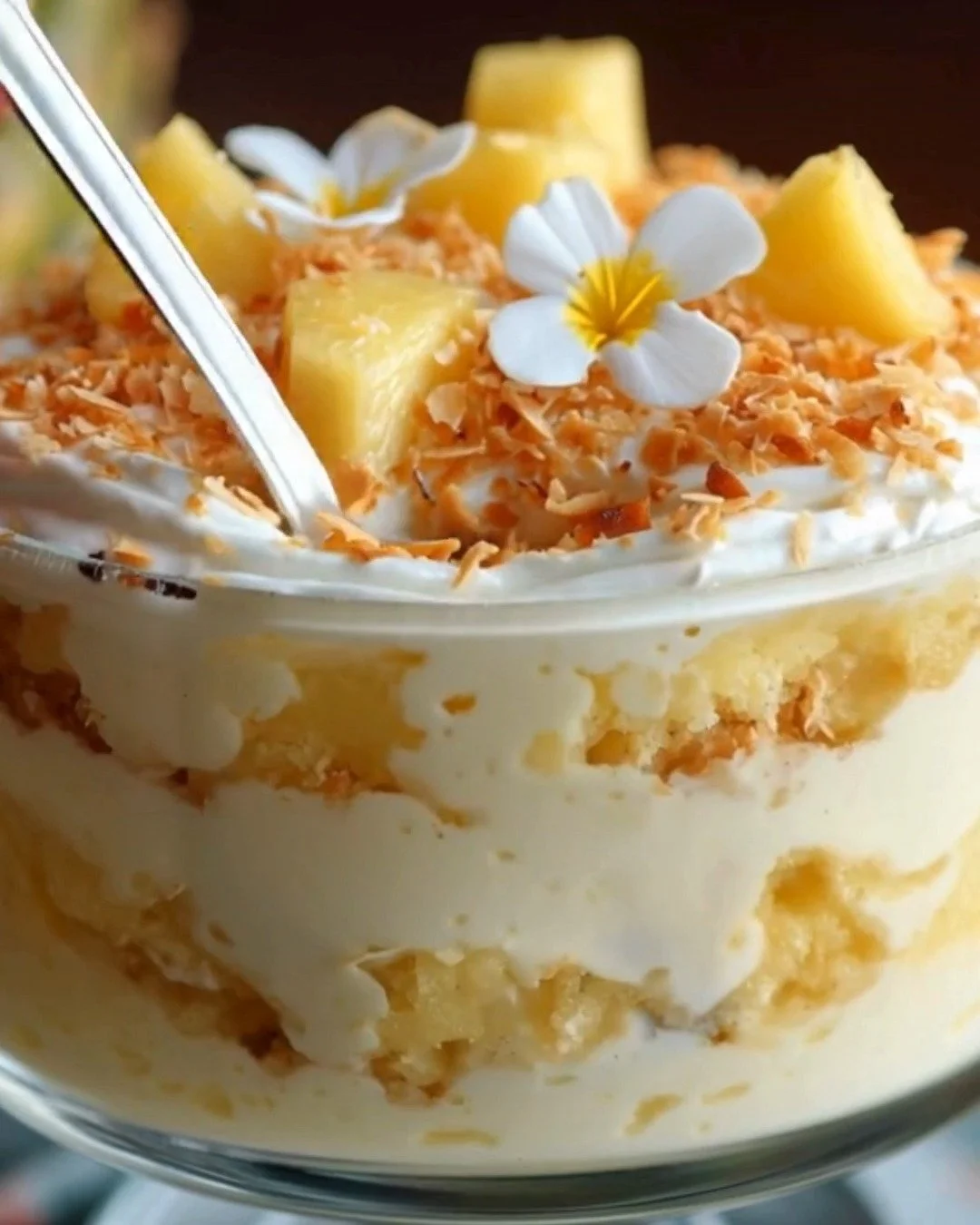 Delicious Pineapple Coconut Trifle dessert loaded with layers of pineapple and coconut.