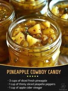 Jar of homemade Pineapple Cowboy Candy with colorful slices of pineapple