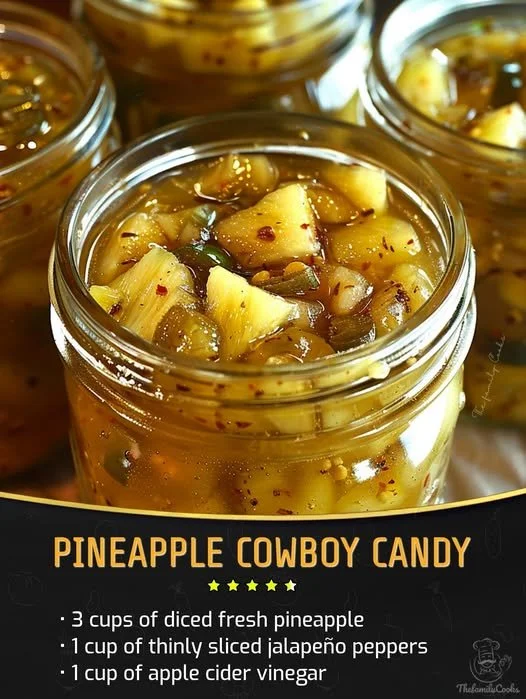 Jar of homemade Pineapple Cowboy Candy with colorful slices of pineapple