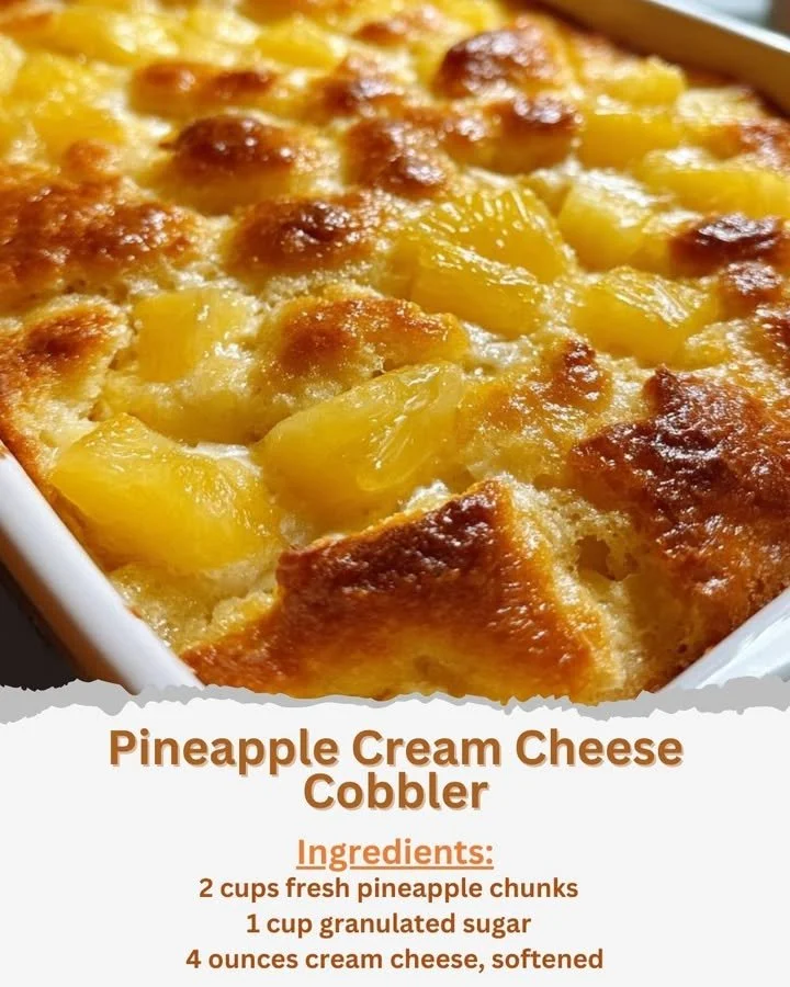 Delicious Pineapple Cream Cheese Cobbler served warm with a golden crust