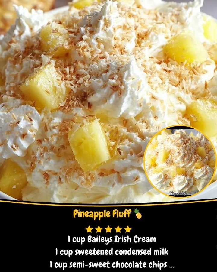 Creamy Pineapple Fluff dessert in a glass with pineapple chunks and whipped cream