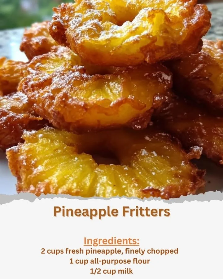 Crispy pineapple fritters on a plate with a tropical garnish