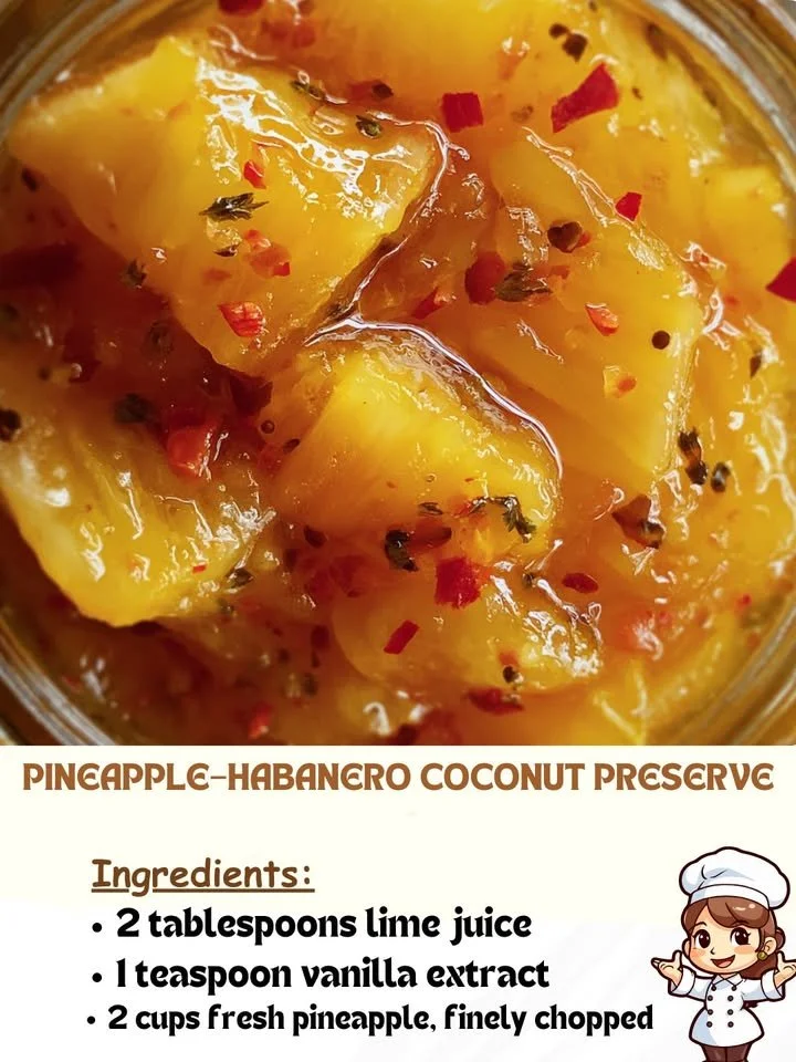 Pineapple–Habanero Coconut Preserve in a jar with vibrant tropical ingredients