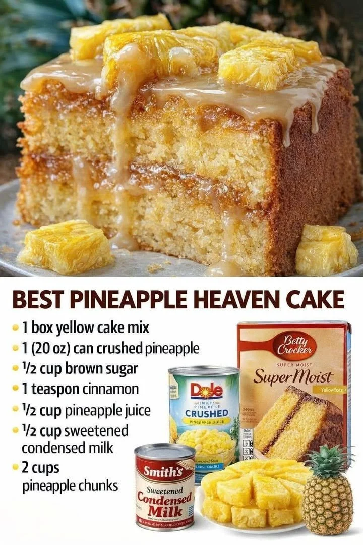 Delicious Pineapple Heaven Cake topped with fresh pineapple slices and cream