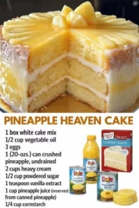 Delicious Pineapple Heaven Cake topped with fresh pineapple and cream