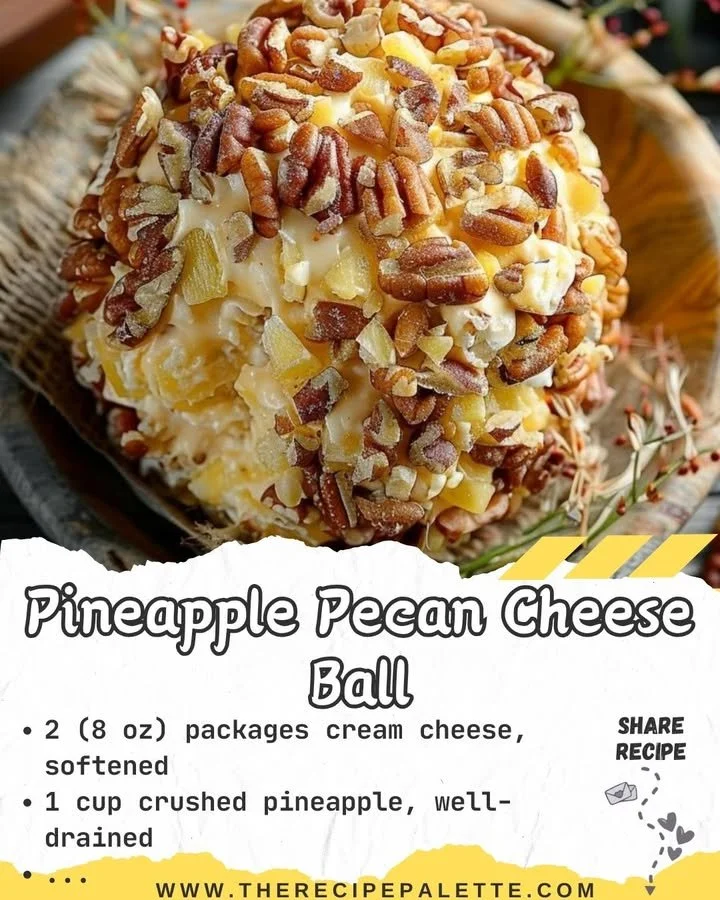 Pineapple Pecan Cheese Ball garnished with nuts and pineapple on a serving platter