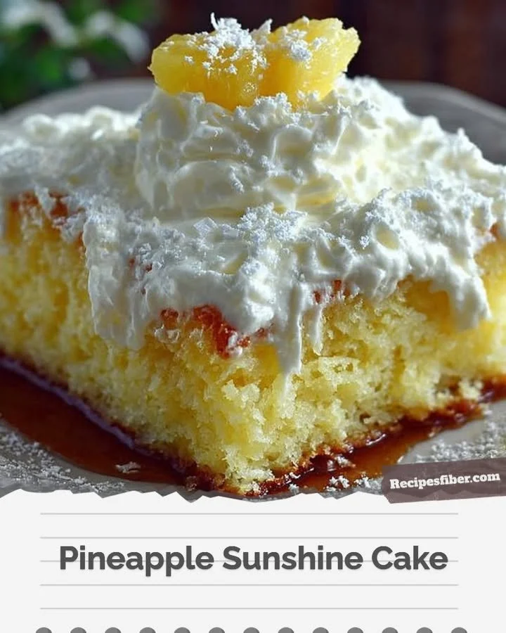 Delicious Pineapple Sunshine Cake topped with fresh pineapple slices and whipped cream