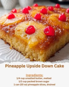 Delicious Pineapple Upside Down Cake served with caramelized pineapple slices