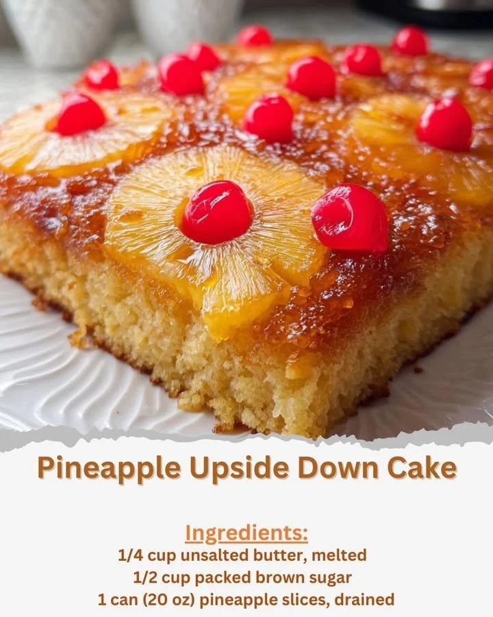 Delicious Pineapple Upside Down Cake served with caramelized pineapple slices