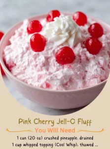 Delicious Pink Cherry Jell-O Fluff dessert in a bowl