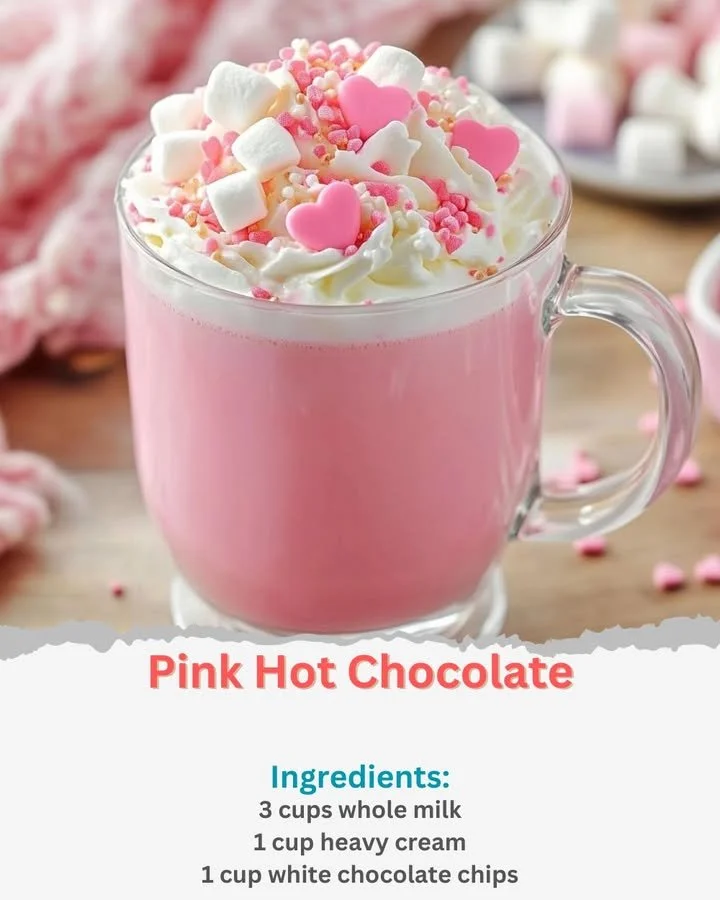 Delicious pink hot chocolate topped with whipped cream and sprinkles