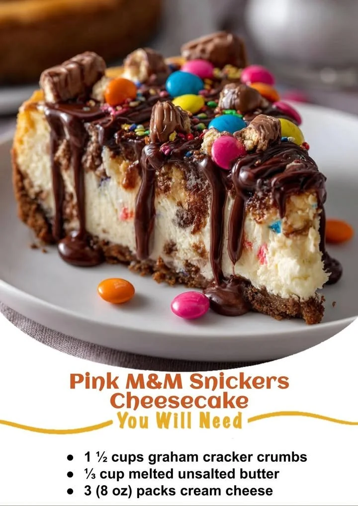 Delicious Pink M&M Snickers Cheesecake with colorful toppings