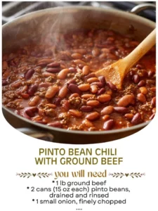 Bowl of Pinto Bean Chili with Ground Beef topped with cheese and herbs