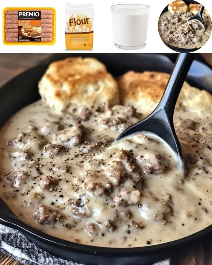 Delicious Pioneer Woman sausage gravy served over fluffy biscuits.