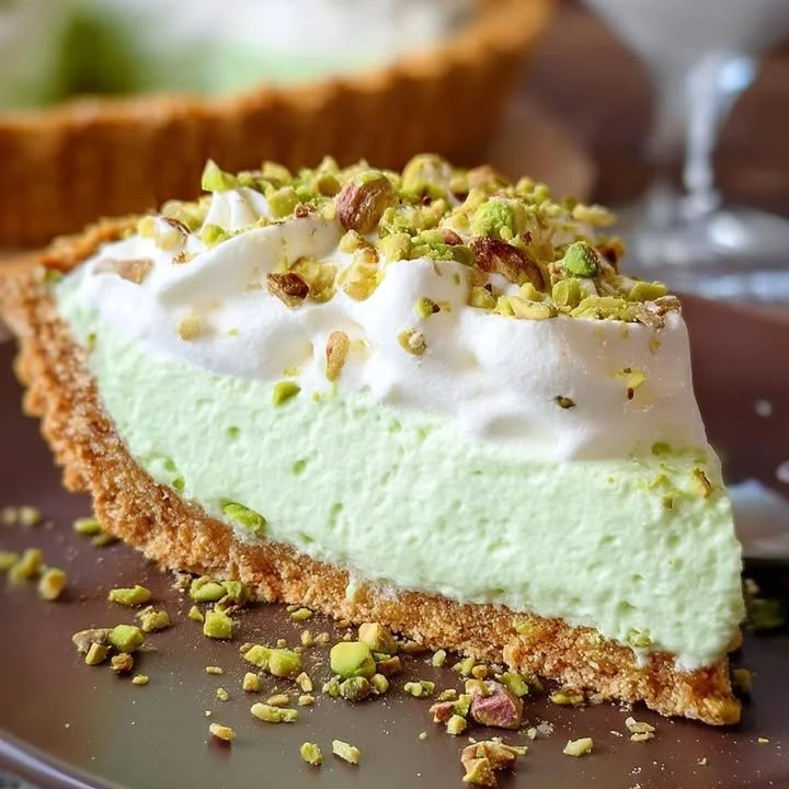 Delicious slice of homemade Pistachio Cream Pie topped with whipped cream and nuts.