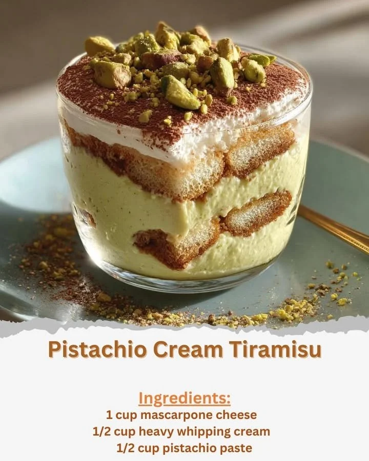 Delicious Pistachio Cream Tiramisu served in a dessert dish