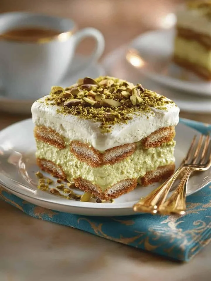 Delicious Pistachio Cream Tiramisu dessert with layers of creamy pistachio filling.