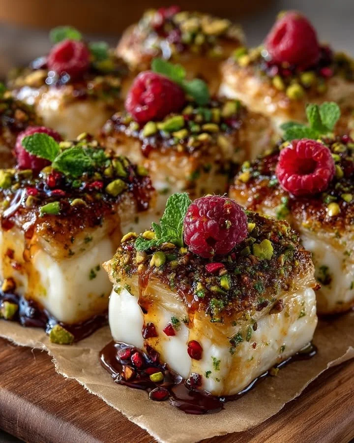 Pistachio-crusted Brie bites with raspberry chili honey glaze served on a platter.