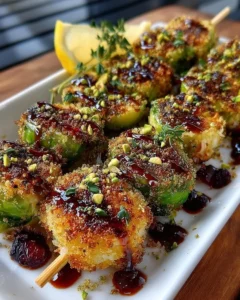 Pistachio-crusted Brussels sprout skewers with cranberry drizzle on a plate