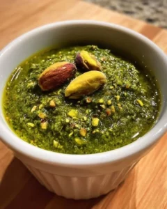 Freshly made pistachio pesto with herbs and olive oil in a bowl