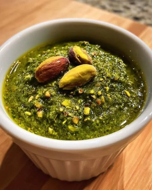 Freshly made pistachio pesto with herbs and olive oil in a bowl
