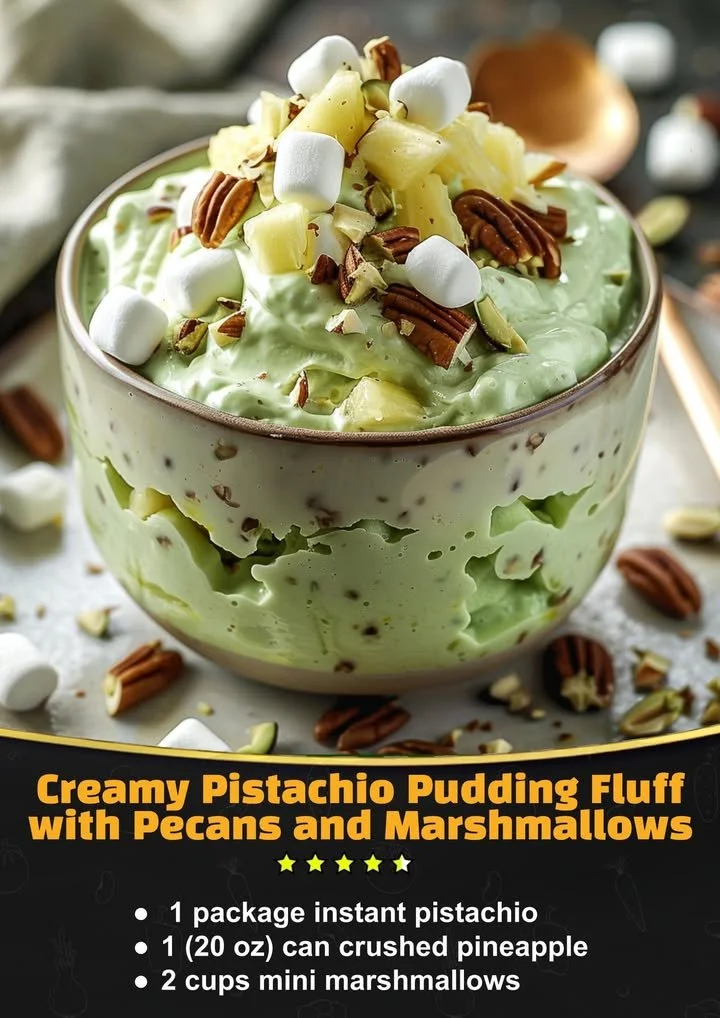 Delicious Pistachio Pineapple Fluff dessert in a bowl with pineapple and nuts