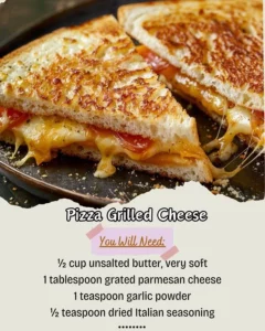 Delicious Pizza Grilled Cheese sandwich with gooey cheese and pizza toppings.