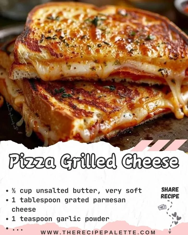 Delicious Pizza Grilled Cheese sandwich melted with cheese and pizza toppings