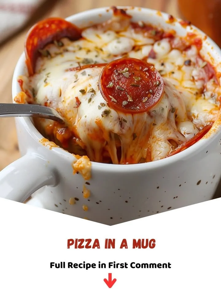 Delicious homemade pizza in a mug, ready to serve and enjoy.