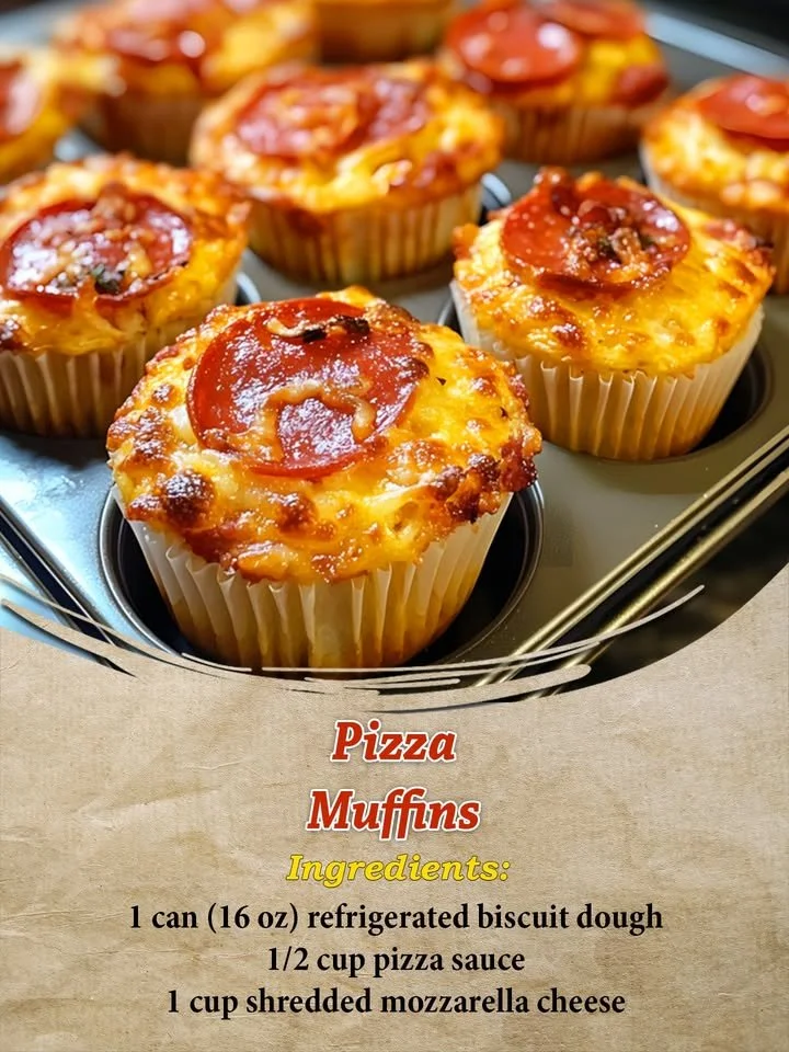 Homemade pizza muffins topped with cheese and pepperoni