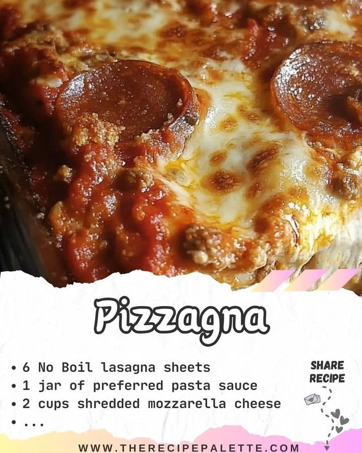 A delicious pizzagna layer with cheesy toppings and savory ingredients.
