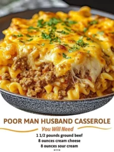 Delicious Poor Man Husband Casserole served in a baking dish