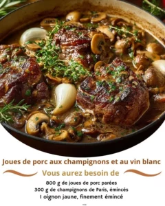 Delicious Pork Cheeks served with mushrooms and white wine in a gourmet dish.