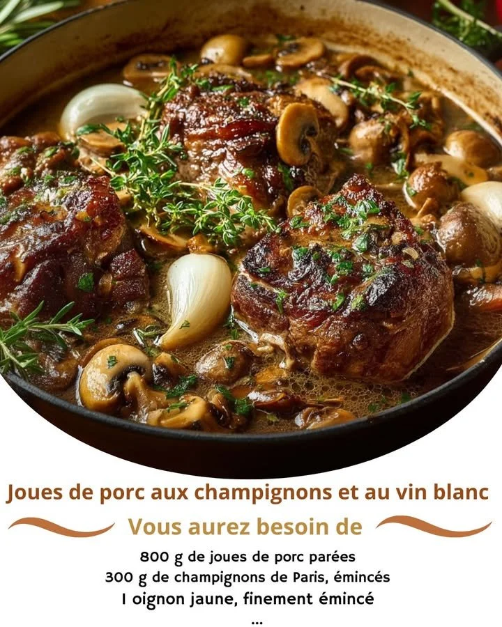 Delicious Pork Cheeks served with mushrooms and white wine in a gourmet dish.