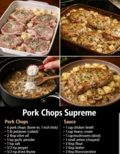 Juicy Pork Chops Supreme served with flavorful sauce and side dishes